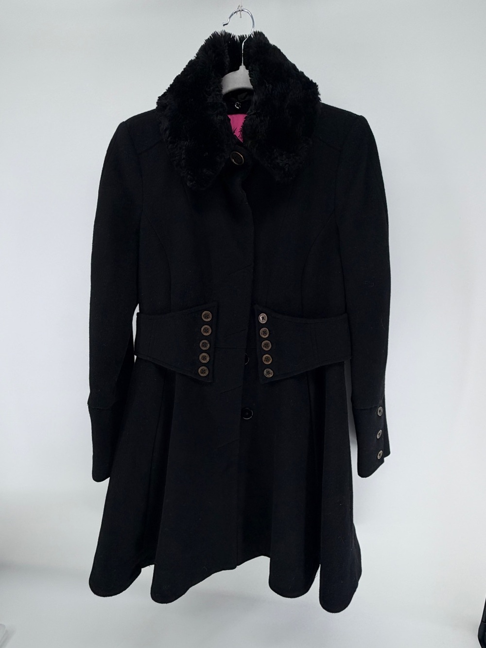 Betsey Johnson Black Wool Blend Faux Fur Collar Fit & Flare coquette Coat Size 2